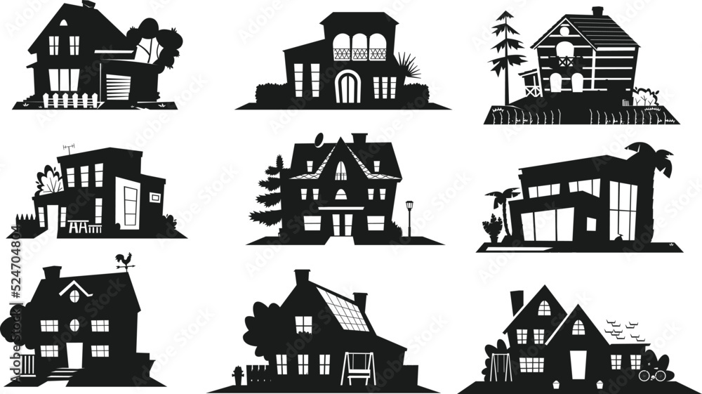 Collections of House Apartment Cartoon icons isolated Vector Silhouettes