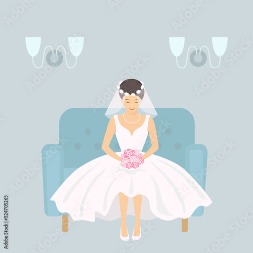 Bride in wedding dress and with bouquet. Cartoon flat style. Vector illustration