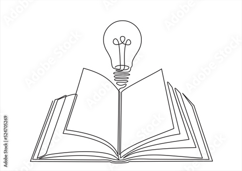 One single line drawing of shining light bulb above open text book logo identity. continuous line draw design graphic vector illustration