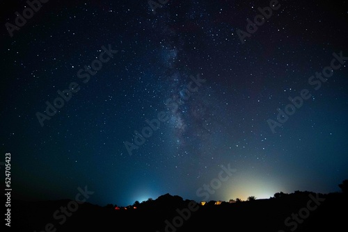 Milky Way. Night sky with stars. Space background. Astro photography in a desert nightscape with milky way galaxy. 