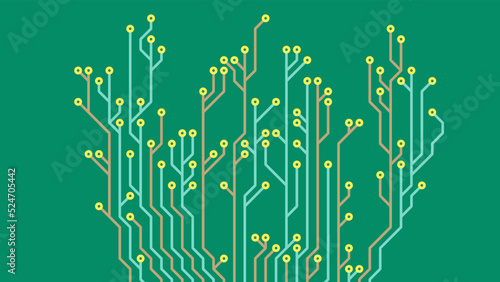 Green background with two colored circuit primary, chip in the shape of a tree, environmentally friendly technology.