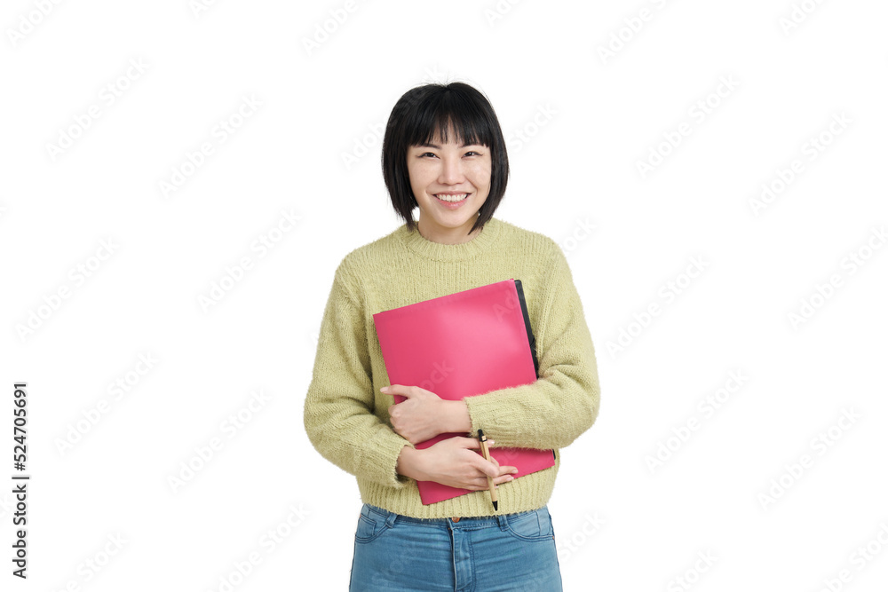 Young asian student woman laughing and looking at camera, wearing winter green sweater, isolated on white background. Young asian student woman laughing and looking at camera, wearing winter green sweater, isolated on white background.