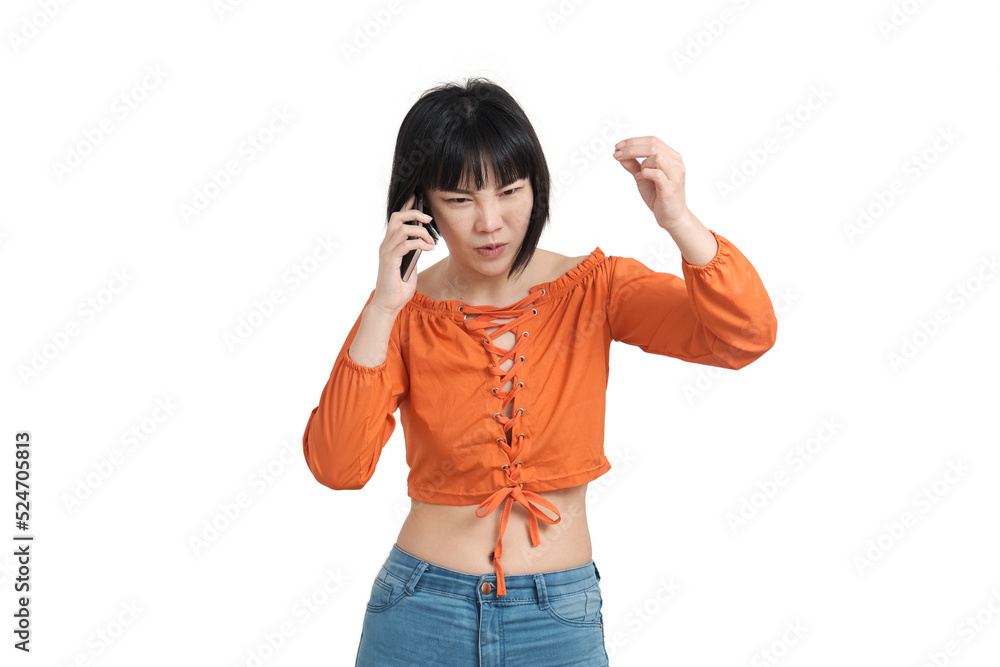 Young asian woman talking angrily on the smartphone, isolated on white background. Young asian woman talking angrily on the smartphone, isolated on white background.