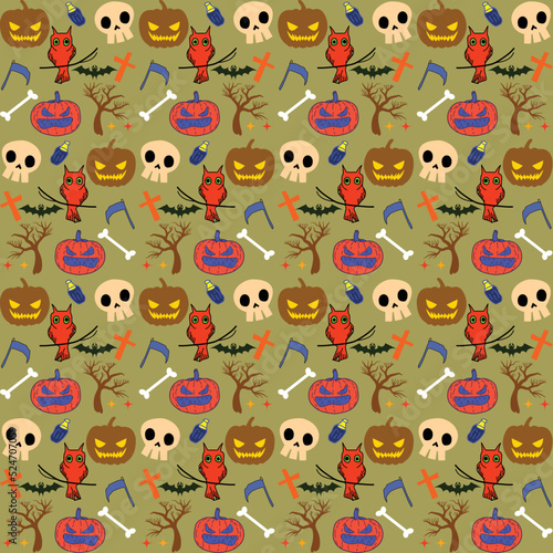 Fototapeta Naklejka Na Ścianę i Meble -  Vector Halloween seamless pattern with ghost and pumpkin,Cartoon Halloween seamless pattern