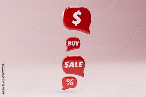 payment for goods online. red buttons with the inscription buy, sale, percentage and dollar on a pink pastel background. copy space, copy paste. 3d render. 3d illustration