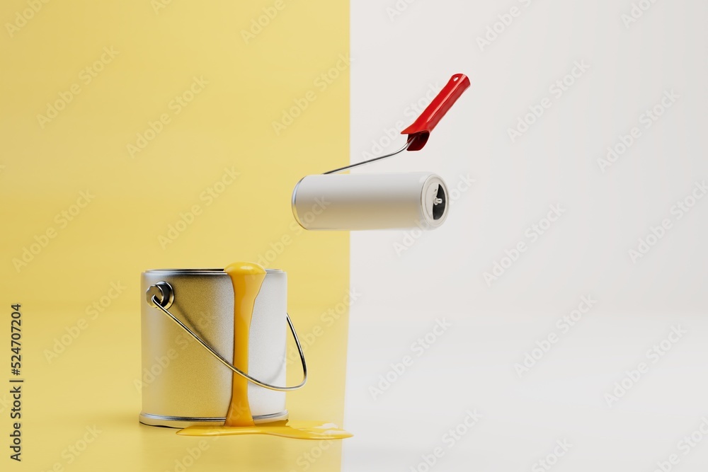 Interior design. wall painting repair. yellow paint and roller for