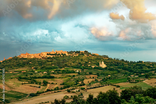 The 16th C Tempio di San Biagio stands beneath the mediaeval hill town of Montepulciano, Tuscany, Italy. Summer evening photo