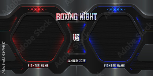 Realistic night boxing 3d poster with modern metallic logo. MMA concept - Fight night, MMA, boxing, wrestling, Thai boxing.