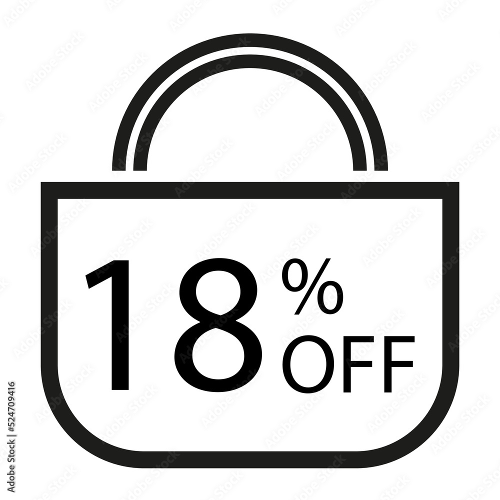 18 percent off. White banner with shopping bag illustration. 18 percent off. White banner with shopping bag illustration.