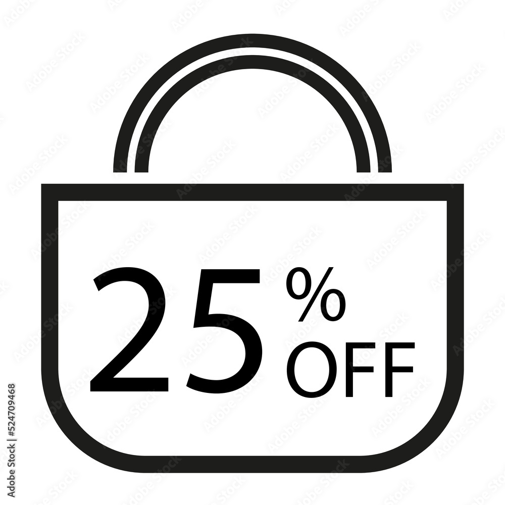 25 percent off. White banner with shopping bag illustration. 25 percent off. White banner with shopping bag illustration.