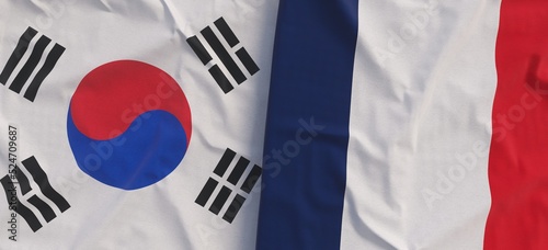 Flags of South Korea and France. Linen flag close-up. Flag made of canvas. Korean, Seoul. French. State national symbols. 3d illustration.