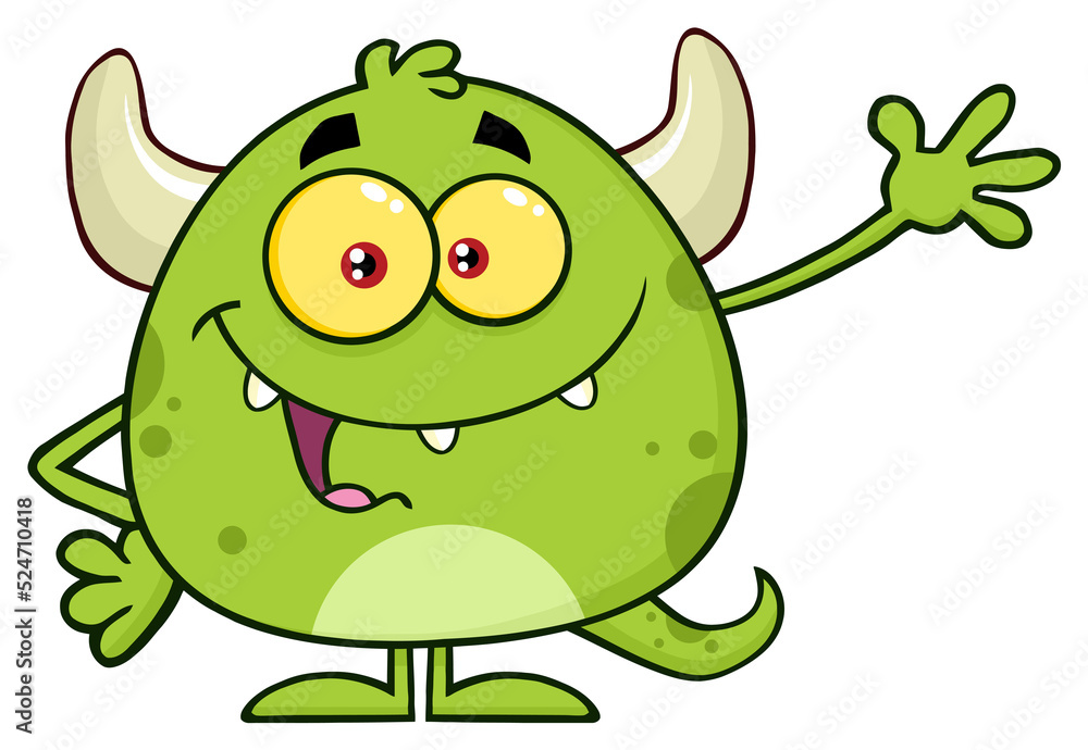 Naklejka premium Happy Green Monster Cartoon Emoji Character Waving For Greeting. Hand Drawn Illustration Isolated On Transparent Background