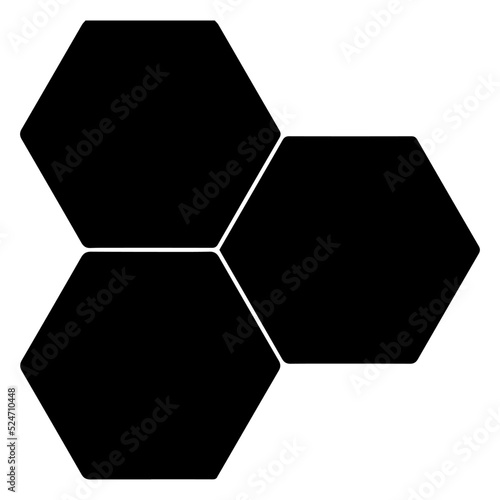 Black hexagon, honeycomb, design element, shapes, pattern with no strokes. Asset for photo collection, collage, template, frame, overlay, montage, clipping, layer mask. Transparent background.