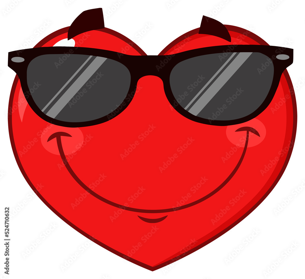Smiling Red Heart Cartoon Emoji Face Character Wearing Sunglasses. Hand Drawn Illustration Isolated On Transparent Background