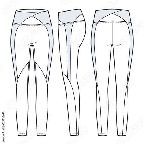 Leggings pants fashion flat sketch template. Sports Wear fashion design set, front, side, back view, CAD mockup.