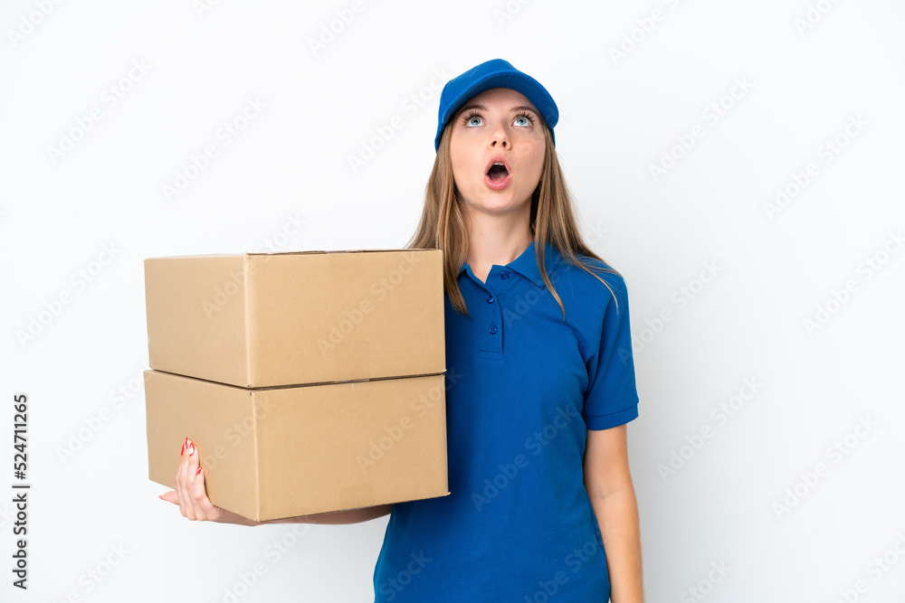 Delivery Lithuanian woman isolated on white background looking up and with surprised expression Delivery Lithuanian woman isolated on white background looking up and with surprised expression