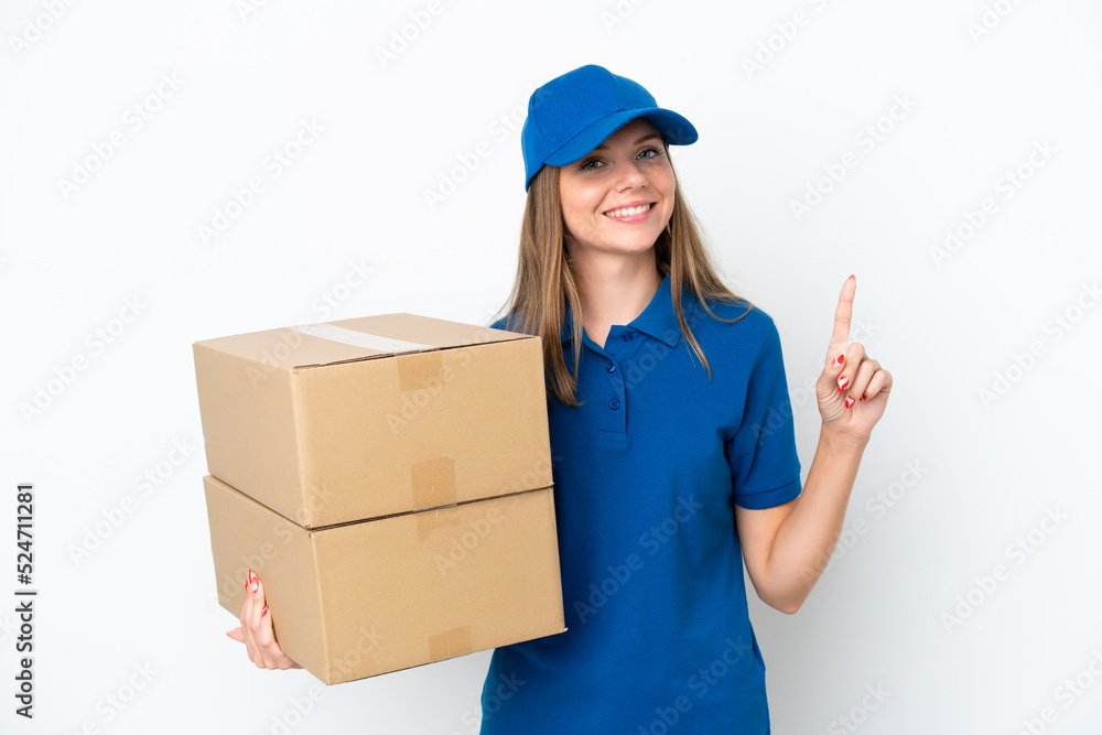 Delivery Lithuanian woman isolated on white background showing and lifting a finger in sign of the best Delivery Lithuanian woman isolated on white background showing and lifting a finger in sign of the best