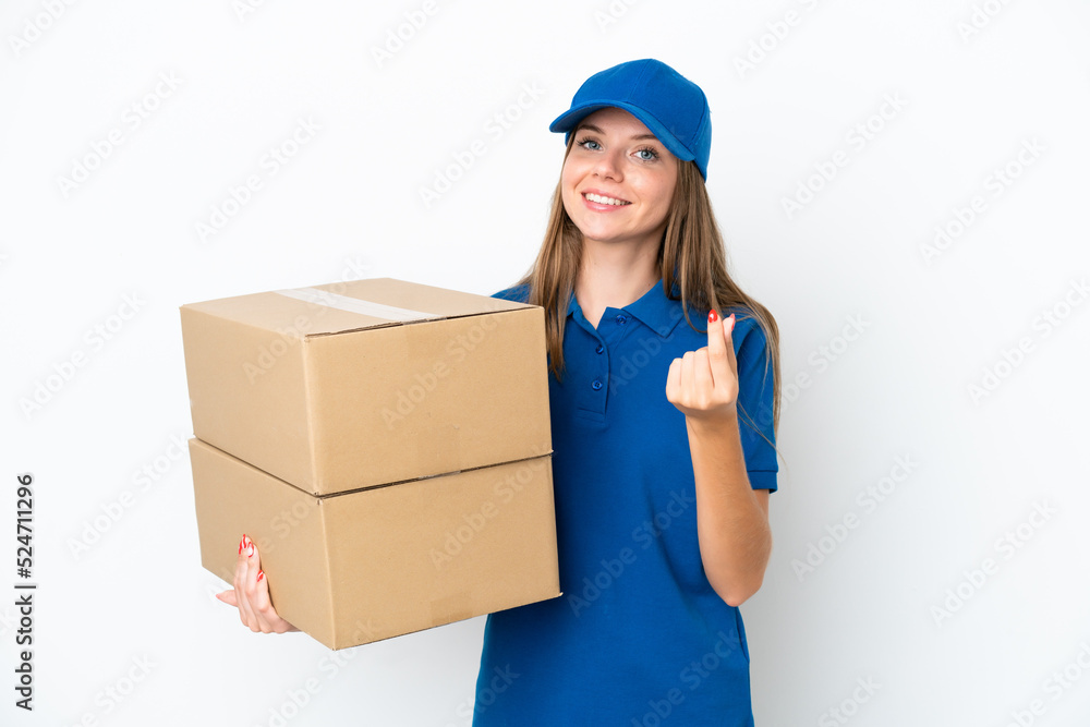 Delivery Lithuanian woman isolated on white background making money gesture Delivery Lithuanian woman isolated on white background making money gesture
