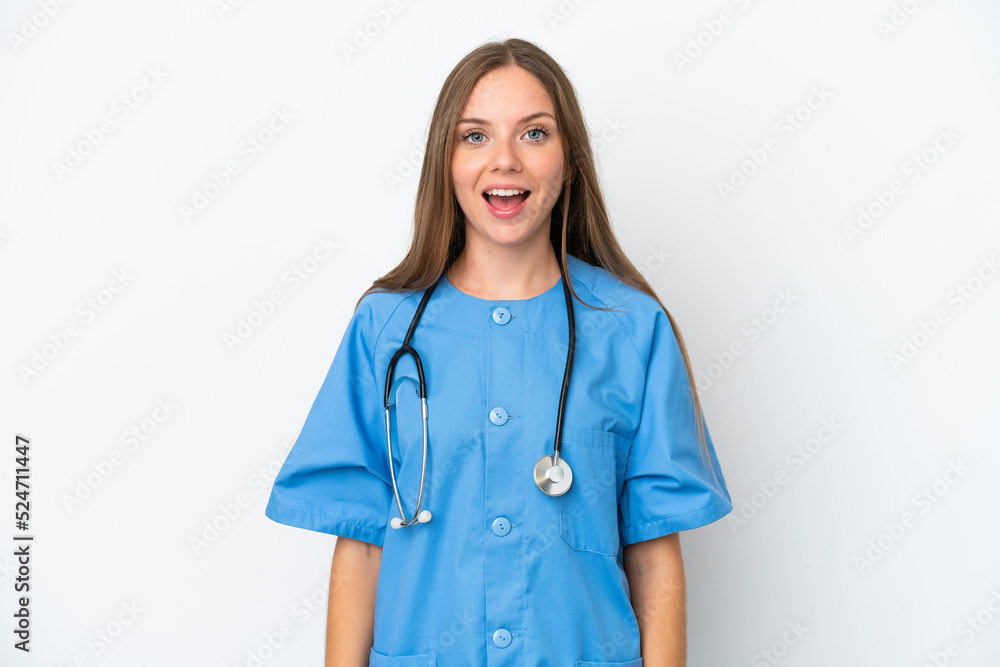 Young surgeon doctor Lithuanian woman isolated on white background with surprise facial expression Young surgeon doctor Lithuanian woman isolated on white background with surprise facial expression