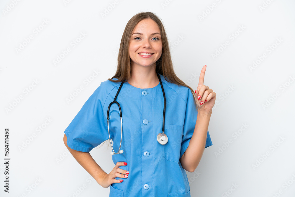 Young surgeon doctor Lithuanian woman isolated on white background showing and lifting a finger in sign of the best Young surgeon doctor Lithuanian woman isolated on white background showing and lifting a finger in sign of the best