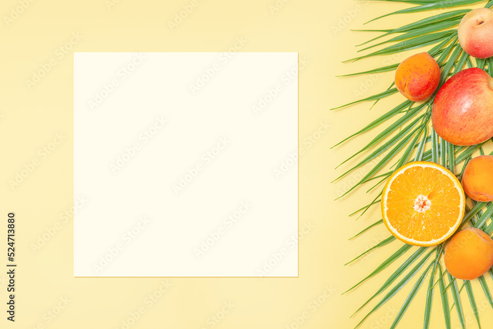 Summer tropical white paper card mockup with tropical fruits and palm leaves