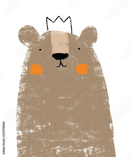 Cute Hand Drawn Nursery Vector Art with Big Brown Bear in a Crown. Funny King Bear on a White Background. Infantile Style Drawing ideal for Wall Art, Poster, Card, Father or Mother Day. 