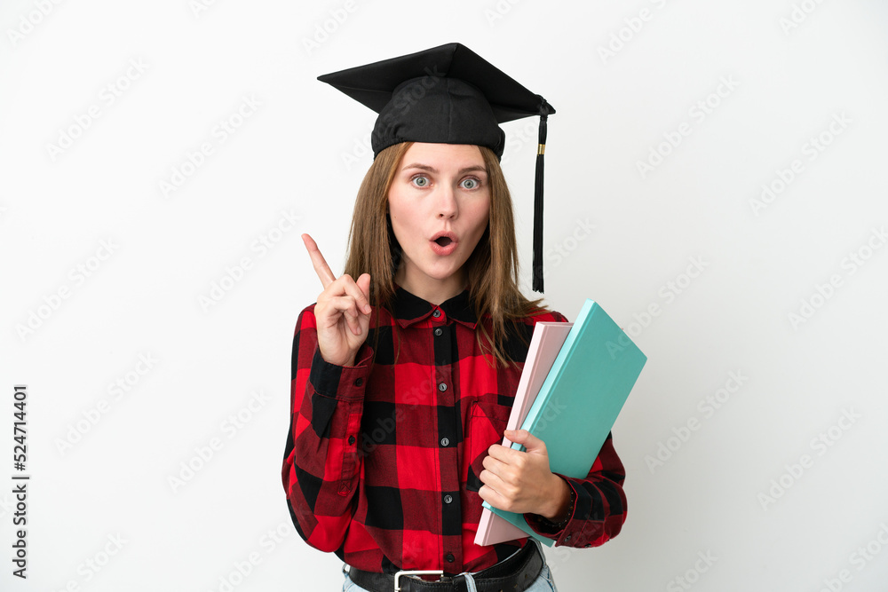 Young English student woman isolated on white background intending to realizes the solution while lifting a finger up Young English student woman isolated on white background intending to realizes the solution while lifting a finger up