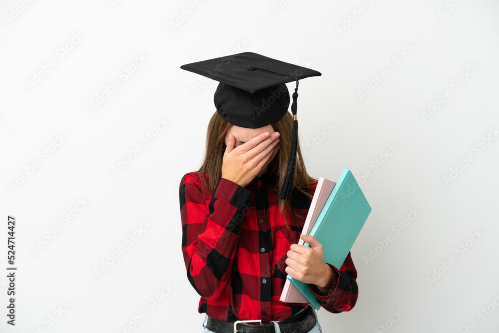 Young English student woman isolated on white background with tired and sick expression Young English student woman isolated on white background with tired and sick expression