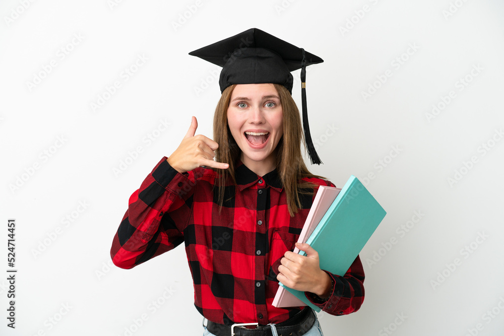 Young English student woman isolated on white background making phone gesture. Call me back sign Young English student woman isolated on white background making phone gesture. Call me back sign