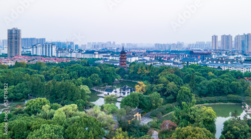 Aerial photography of Tianning Pagoda, Wenbi Pagoda, Hongmei Pavilion and Hongmei Park Scenic Spot in Changzhou City, Jiangsu Province, China © Changyu