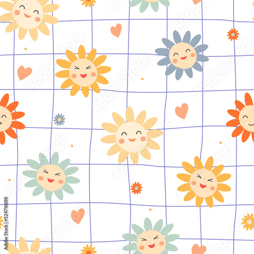 Seamless pattern with sunflowers. Summer cheerful print with smiling faces of flowers, hearts, lines. Vector graphics.