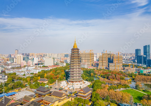 Aerial photography of Tianning Pagoda, Wenbi Pagoda, Hongmei Pavilion and Hongmei Park Scenic Spot in Changzhou City, Jiangsu Province, China photo