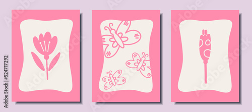 Bright posters in doodle style. Butterflies and flowers. Vector illustration.