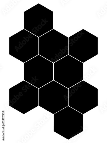 Black hexagon, honeycomb, design element, shapes, pattern with no strokes. Asset for photo collection, collage, template, frame, overlay, montage, clipping, layer mask. Transparent background.