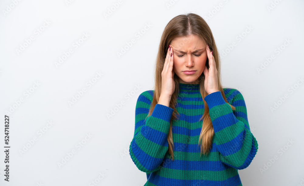 Young caucasian woman isolated on white background with headache Young caucasian woman isolated on white background with headache