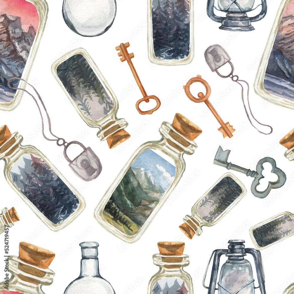 Keys, lock glass jars, retro items, gas lantern scenery forest