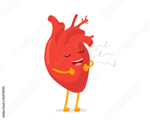 Cute cartoon happy healthy human heart character good mood. Vector circulatory organ mascot sings song. Healthcare and treatment symbol eps illustration