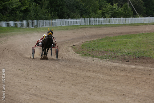 Horse and rider running in the dust at horse races