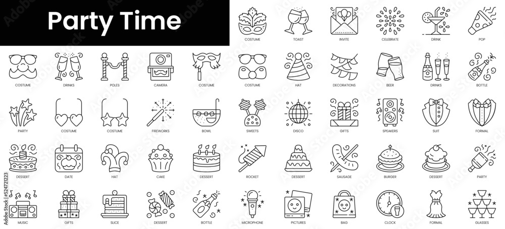 Set of outline party time icons. Minimalist thin linear web icon set. vector illustration.