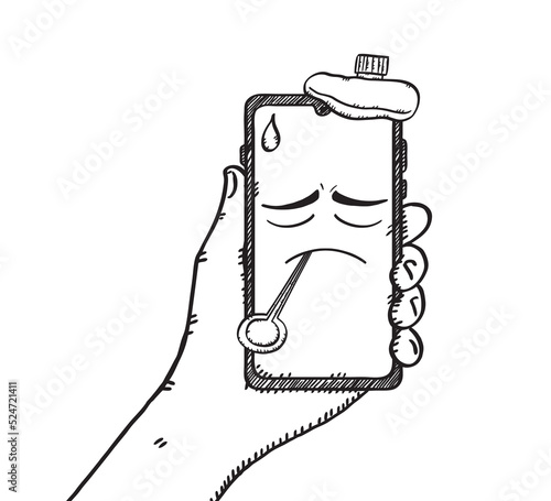 Black and white doodle illustration of hand holding sick mobile phone with thermometer and sad face on screen.