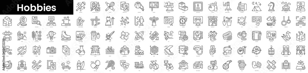 Set of outline hobbies icons. Minimalist thin linear web icon set. vector illustration. - obrazy, fototapety, plakaty 