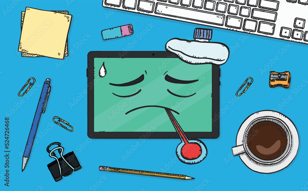 Colorful doodle illustration of sick tablet lying on office desk with ...