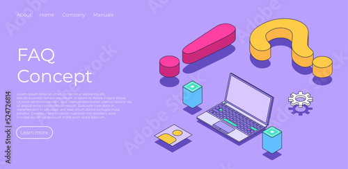FAQ concept landing page in isometric vector illustration. Frequently asked questions. Question and allert sign with laptop and server. Search information. Vector illustration