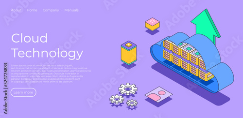 Cloud technology isometric landing page. Server connection concept. Files upload service. Cloud technology. computing. Devices connected to digital storage in data center via internet