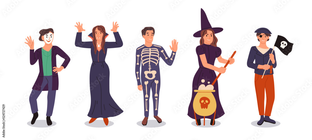 Halloween party characters wearing witch, vampire and pirate costumes. Spooky masquerade event, happy people treat or treating flat symbols illustration set. Cartoon Halloween characters
