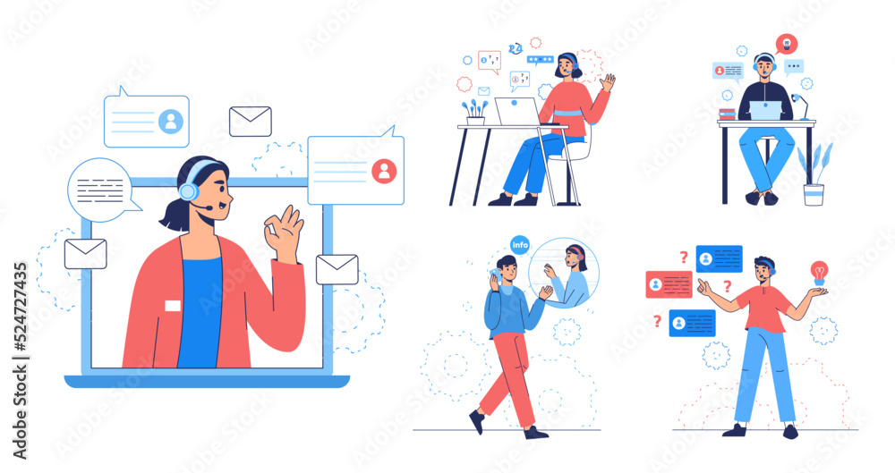 Online customer support service, personal assistant, client help center. Hotline operators, advice call center, virtual advice services flat vector illustration set. Customer support center Online customer support service, personal assistant, client help center. Hotline operators, advice call center, virtual advice services flat vector illustration set. Customer support center