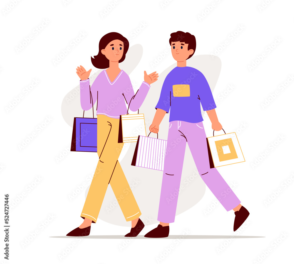 Shopping couple, happy young people walking together. Offline purchases, male and female characters buying goods, retail store buyers flat vector illustration set. Shopping characters Shopping couple, happy young people walking together. Offline purchases, male and female characters buying goods, retail store buyers flat vector illustration set. Shopping characters