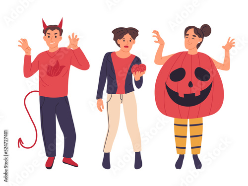 Flat Halloween party pumpkin and devil masquerade characters. People wearing carnival costumes, Halloween holiday party celebration flat illustration set. Spooky masquerade characters