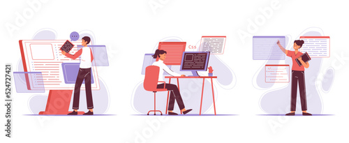 Flat IT developers and programmers, outline software engineers. Programming developers coding and testing products flat vector illustration set. Software engineers scenes