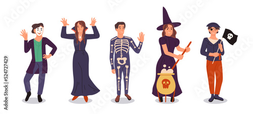 Halloween party characters wearing witch, vampire and pirate costumes. Spooky masquerade event, happy people treat or treating flat symbols illustration set. Cartoon Halloween characters